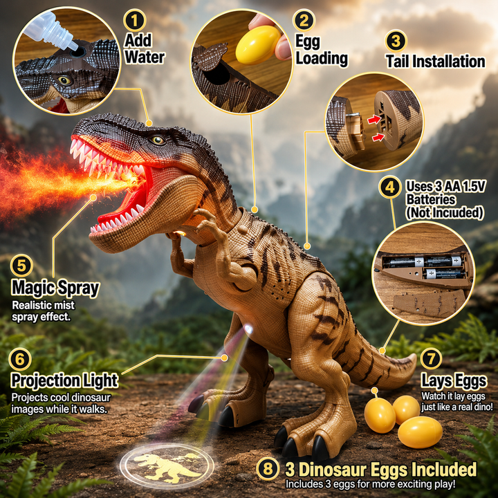 Walking Spray Dinosaur Toy Roars Projects Dinosaur Images Lights Up and Lays Eggs
