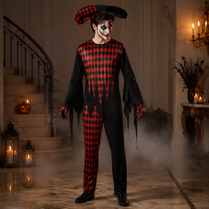 Evil Jester Costume with Hood and Mask Halloween Costume