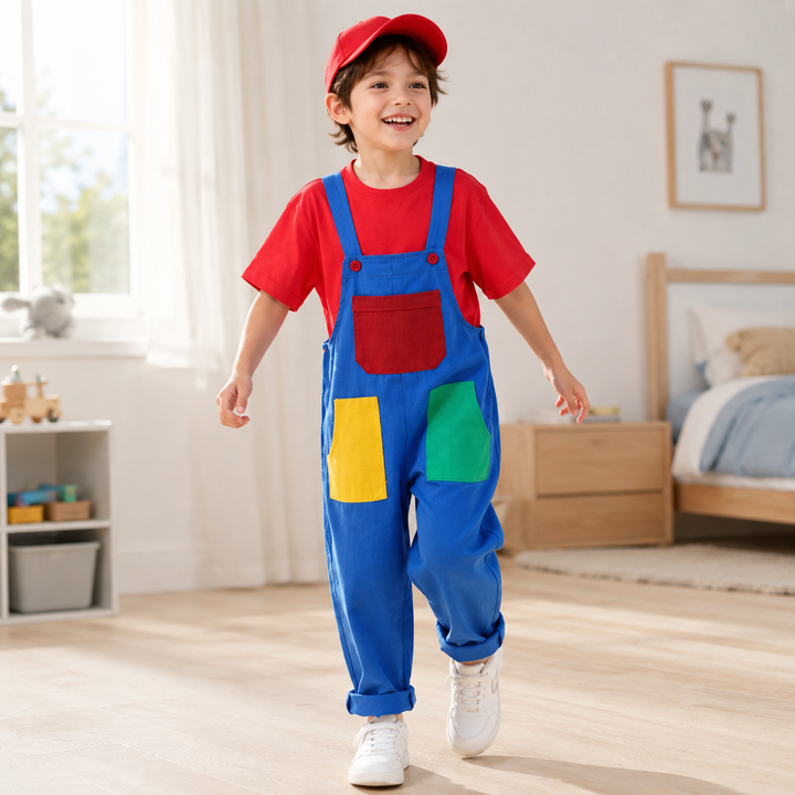 Super Mario Bros Costume Overalls Set with Cap for Kids