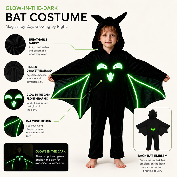 Kids Bat Halloween Costume Glow in the Dark Cape Cloak Costume