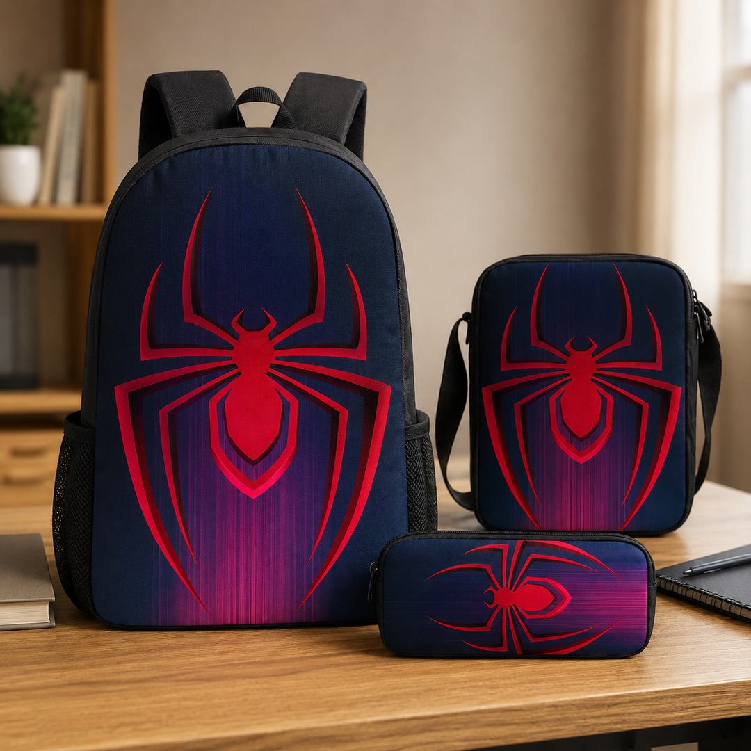 Boys Red Spider Web Print School Backpack Set