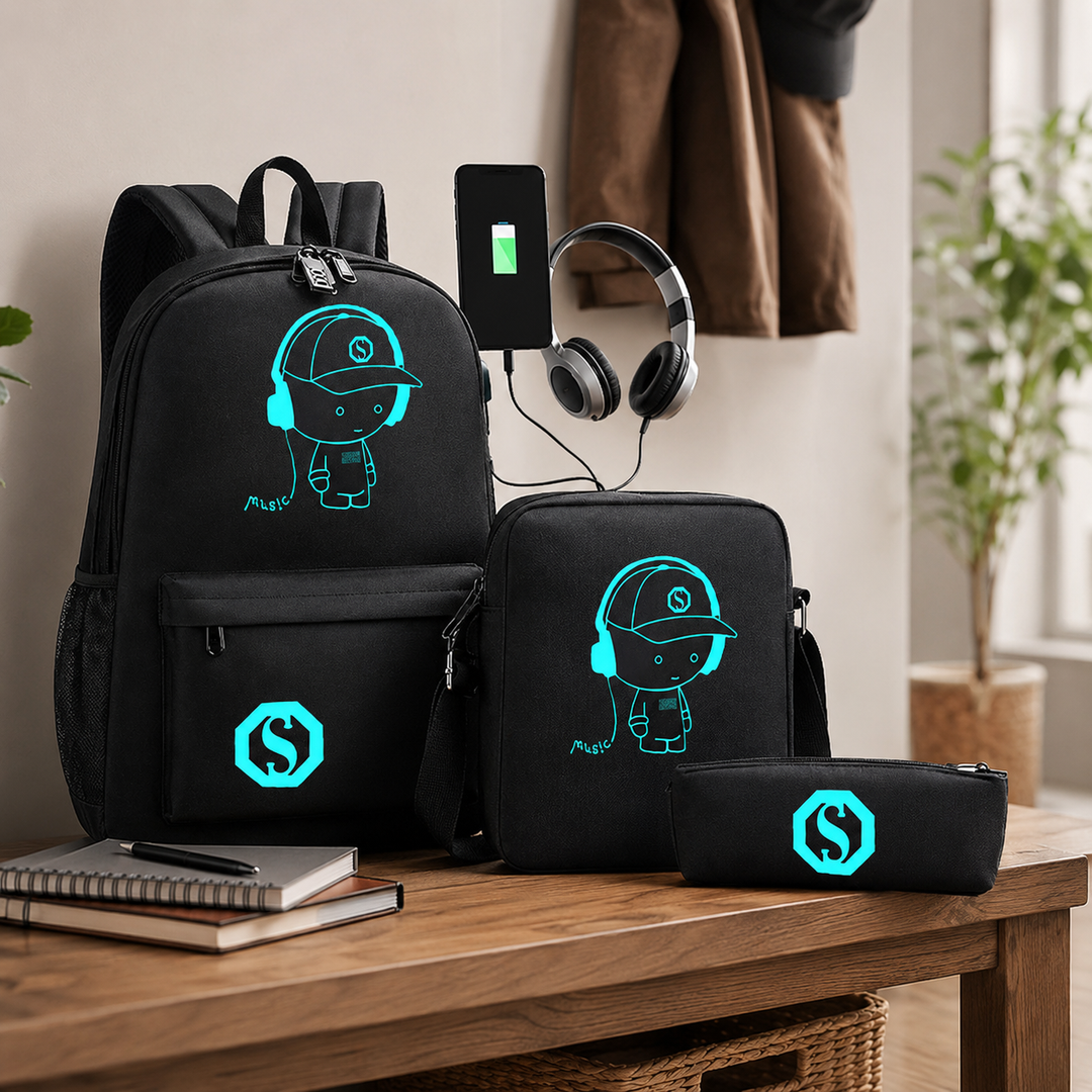 Glow in the Dark Music Boy 3-Piece School Backpack Set with Crossbody Bag and Pencil Case
