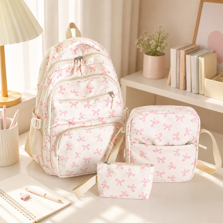 Girls 3-Piece Bow Print School Backpack Set with Crossbody Bag &amp; Pouch