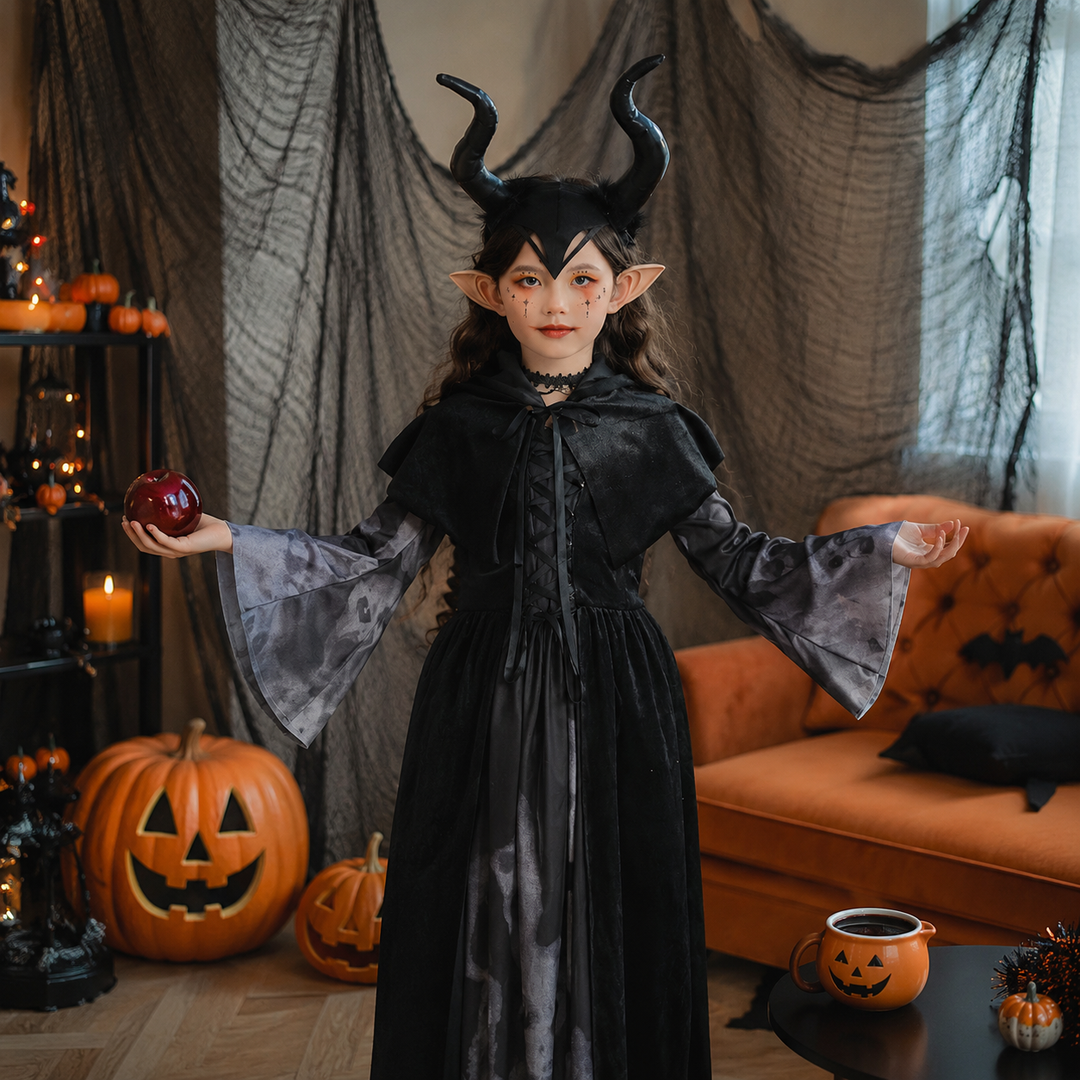 Kids Girls Halloween Long Dress Witch Vampire Skeleton Costume Cosplay Performance Outfit Set
