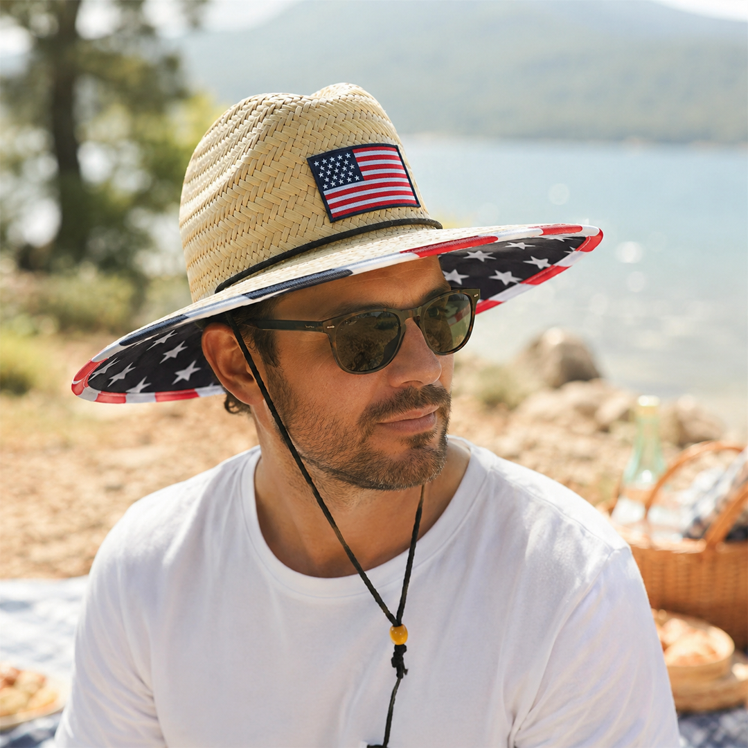 American Straw Cowboy Hat Wide Brim Western Sun Beach Patriotic