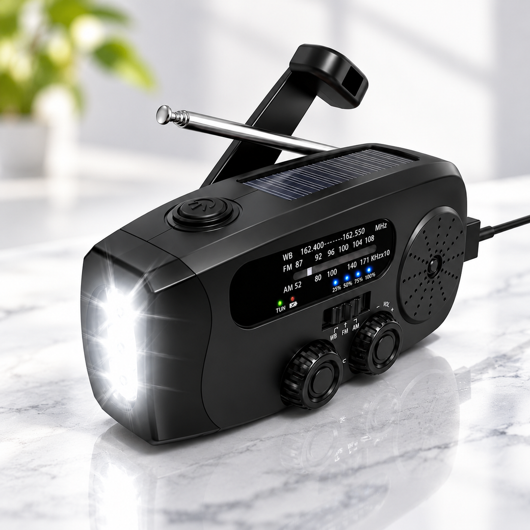 Mini Wind Up Radio NOAA AM FM USB C Solar 2000mAh Flashlight SOS