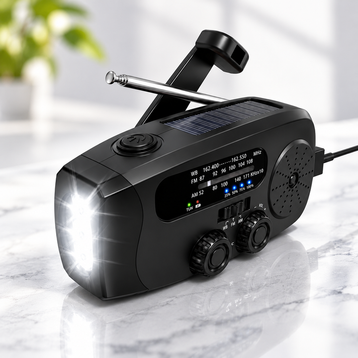 Mini Wind Up Radio NOAA AM FM USB C Solar 2000mAh Flashlight SOS