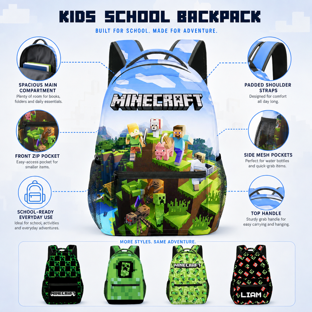 Minecraft Boys and Girls School Backpack, 20L Double-Sided Print Bookbag