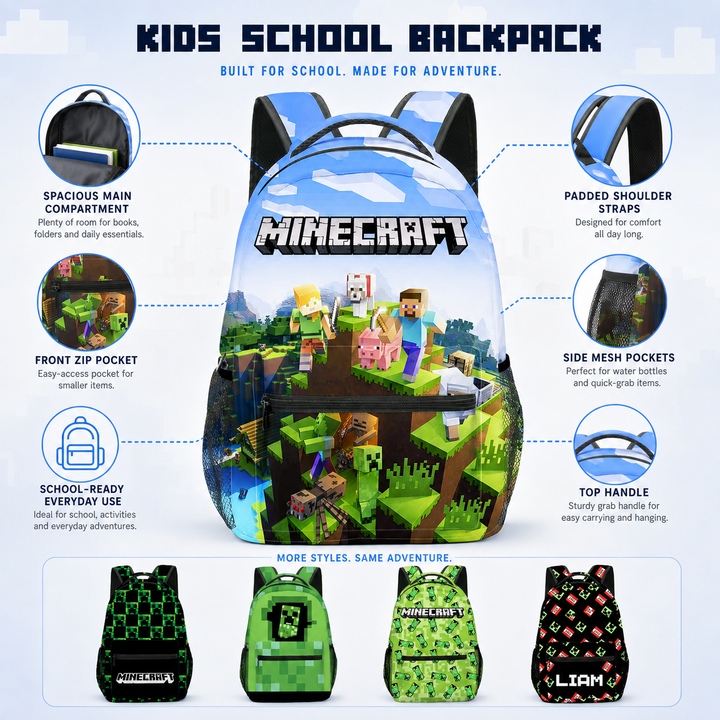 Minecraft Boys and Girls School Backpack, 20L Double-Sided Print Bookbag