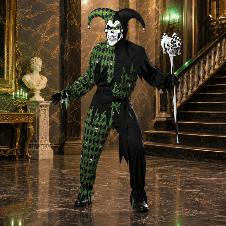 Court Jester Costume Harlequin Halloween Outfit with Skull Staff