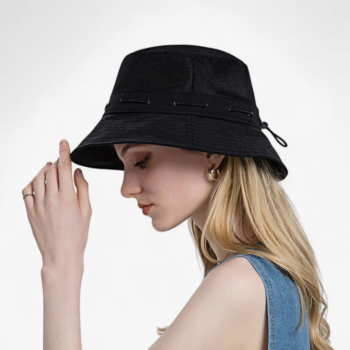Womens Wide Brim Sun Hat with Mesh and Adjustable Chin Strap