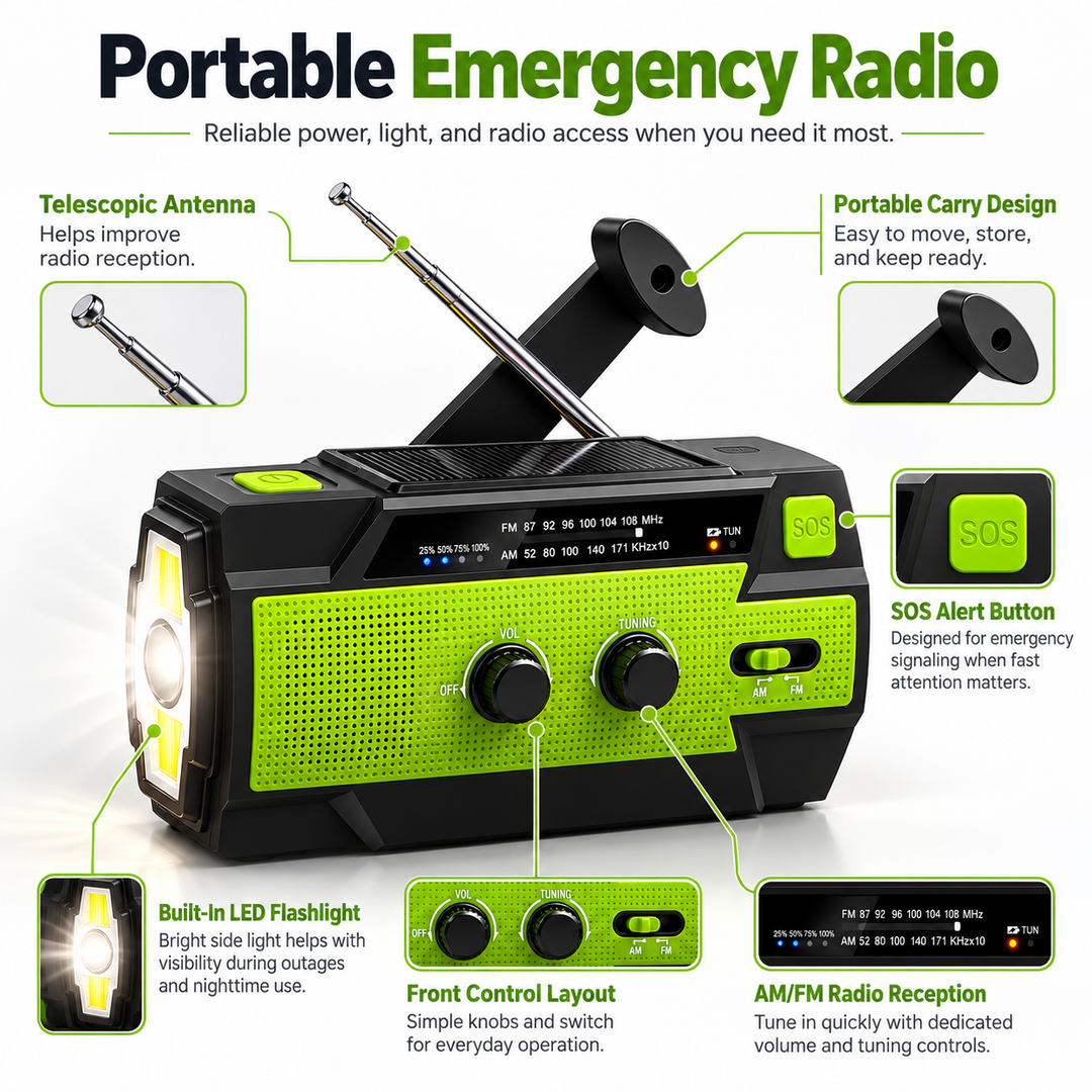 Wind Up Emergency Radio 4000mAh Solar AM FM SOS Side Flashlight