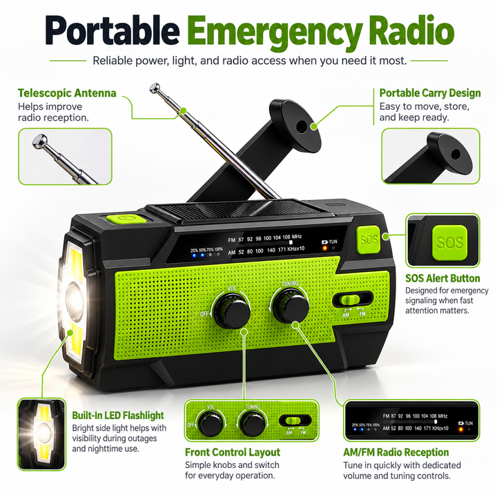 Wind Up Emergency Radio 4000mAh Solar AM FM SOS Side Flashlight