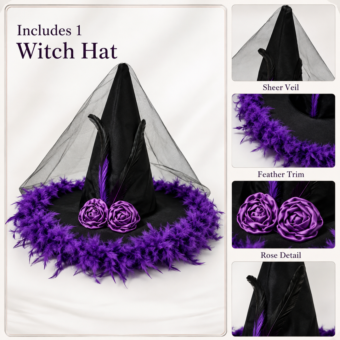 Feather Witch Hat Black and Purple Halloween Costume Accessory