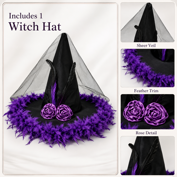 Feather Witch Hat Black and Purple Halloween Costume Accessory