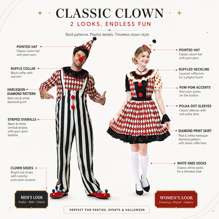 Circus Clown Costume with Hat for Men Halloween Costume