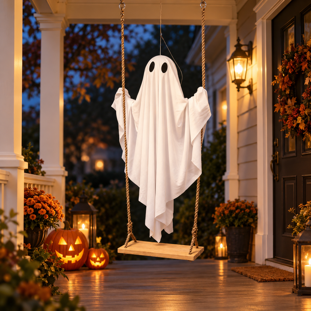 Halloween Ghost Swing Hanging Decoration Wooden Seat Porch Tree Decor