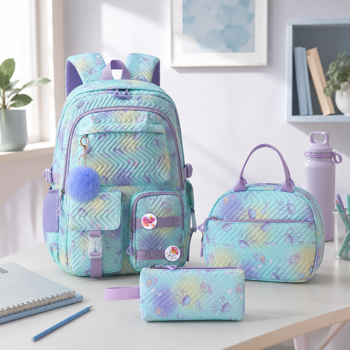 Girls School Backpack 3-Piece Set with Lunch Bag &amp; Pencil Case, Lightweight