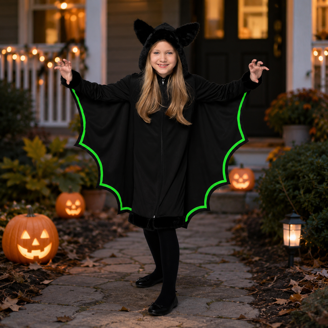 Girls Glow in the Dark Vampire Bat Halloween Costume Black Silver Wings Kids Cosplay