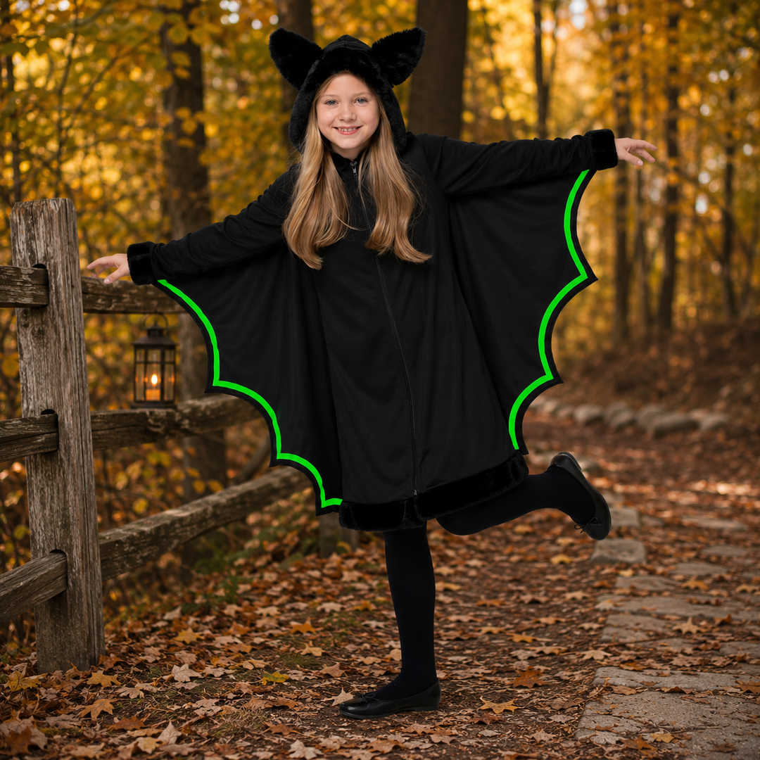 Girls Glow in the Dark Vampire Bat Halloween Costume Black Silver Wings Kids Cosplay