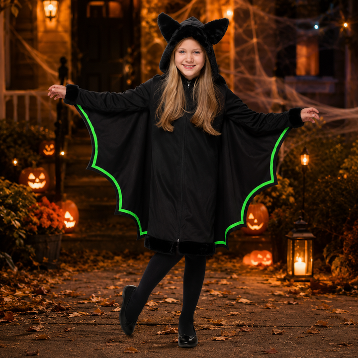 Girls Glow in the Dark Vampire Bat Halloween Costume Black Silver Wings Kids Cosplay
