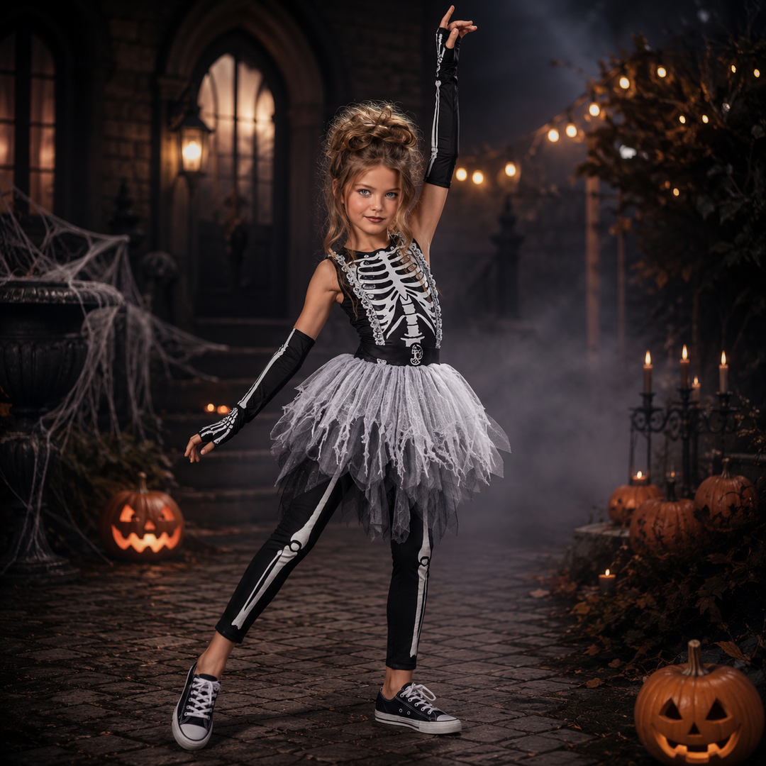 Girls Skull Dress Halloween Ghost Reaper Bone Print Kids Costume Cosplay Outfit