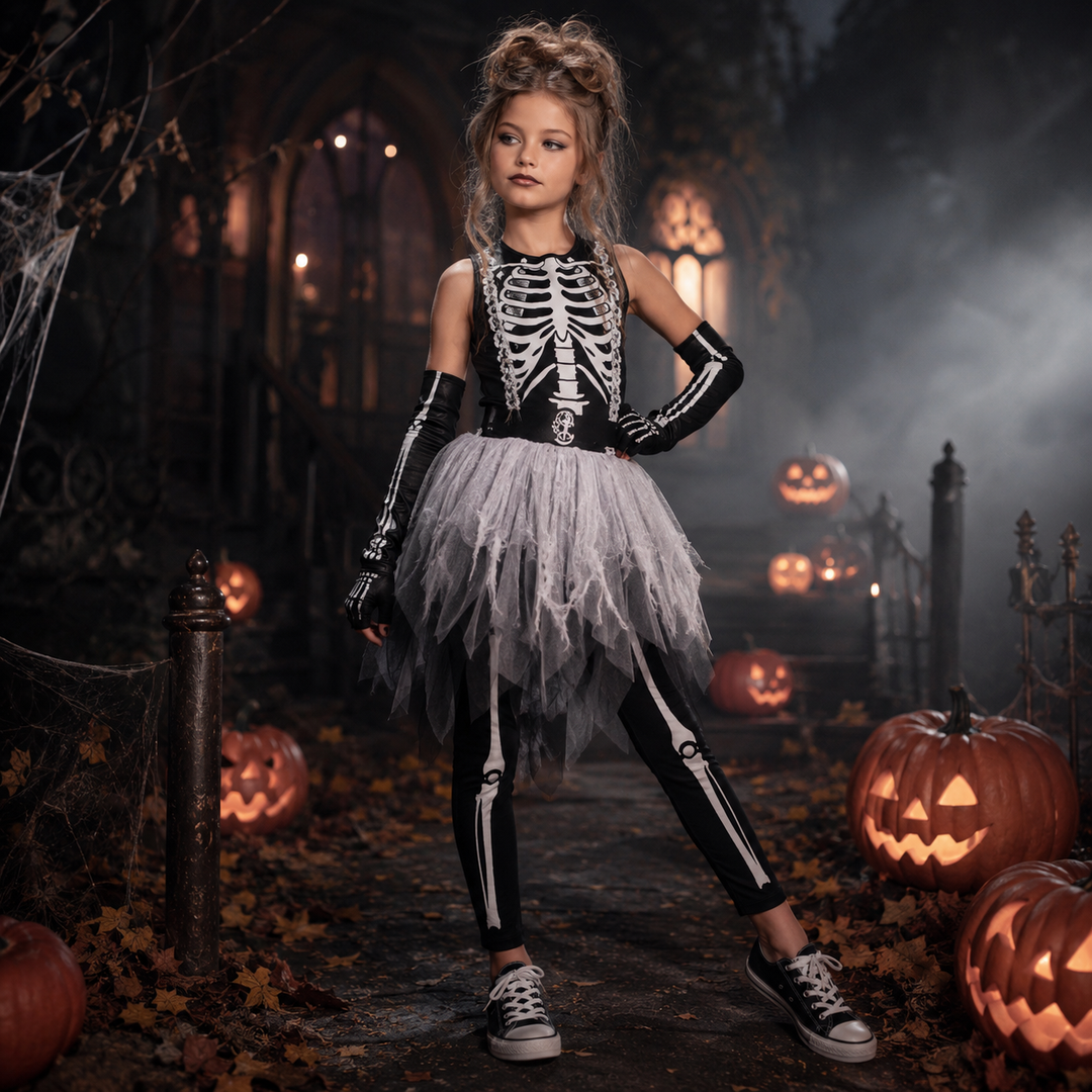 Girls Skull Dress Halloween Ghost Reaper Bone Print Kids Costume Cosplay Outfit