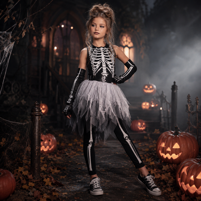 Girls Skull Reaper Bone Print Halloween Dress Kids Costume Cosplay Outfit