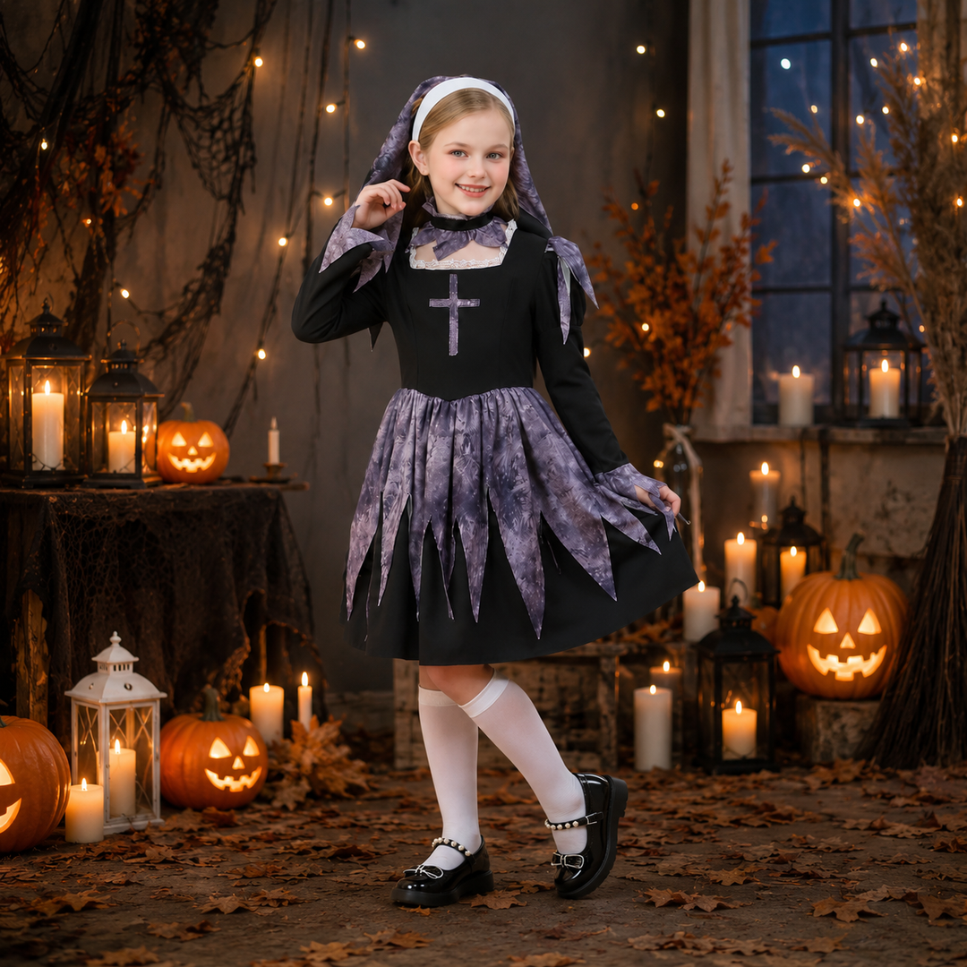 Kids Nun Halloween Costume Carnival Dress Girls Priest Cross Mary Outfit Headscarf
