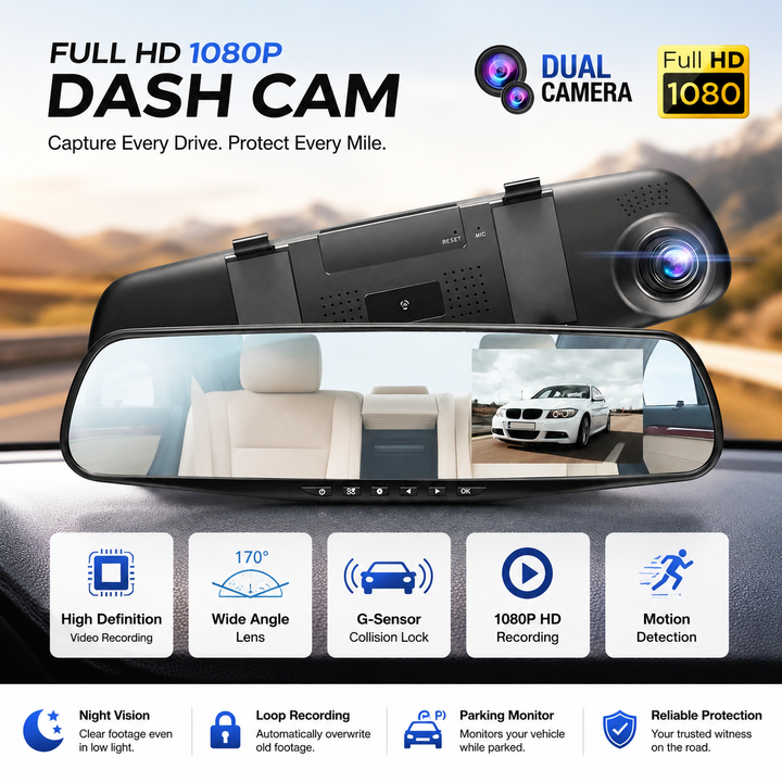 Rearview Mirror Dash Cam 1080P HD Dual Camera Front Rear DVR Video Recorder