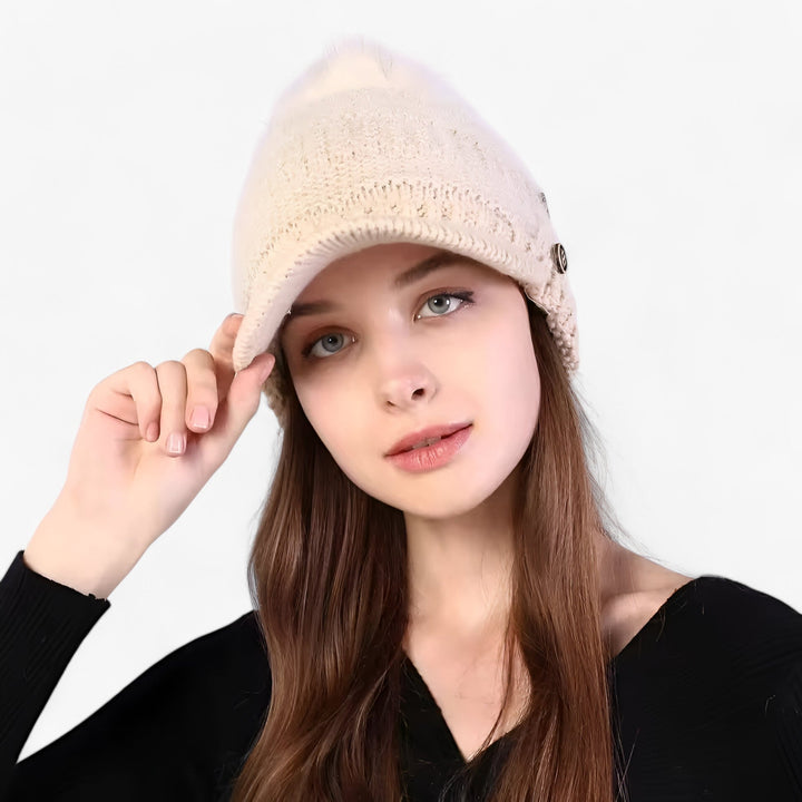 Womens Winter Knit Hat with Visor and Pom Pom