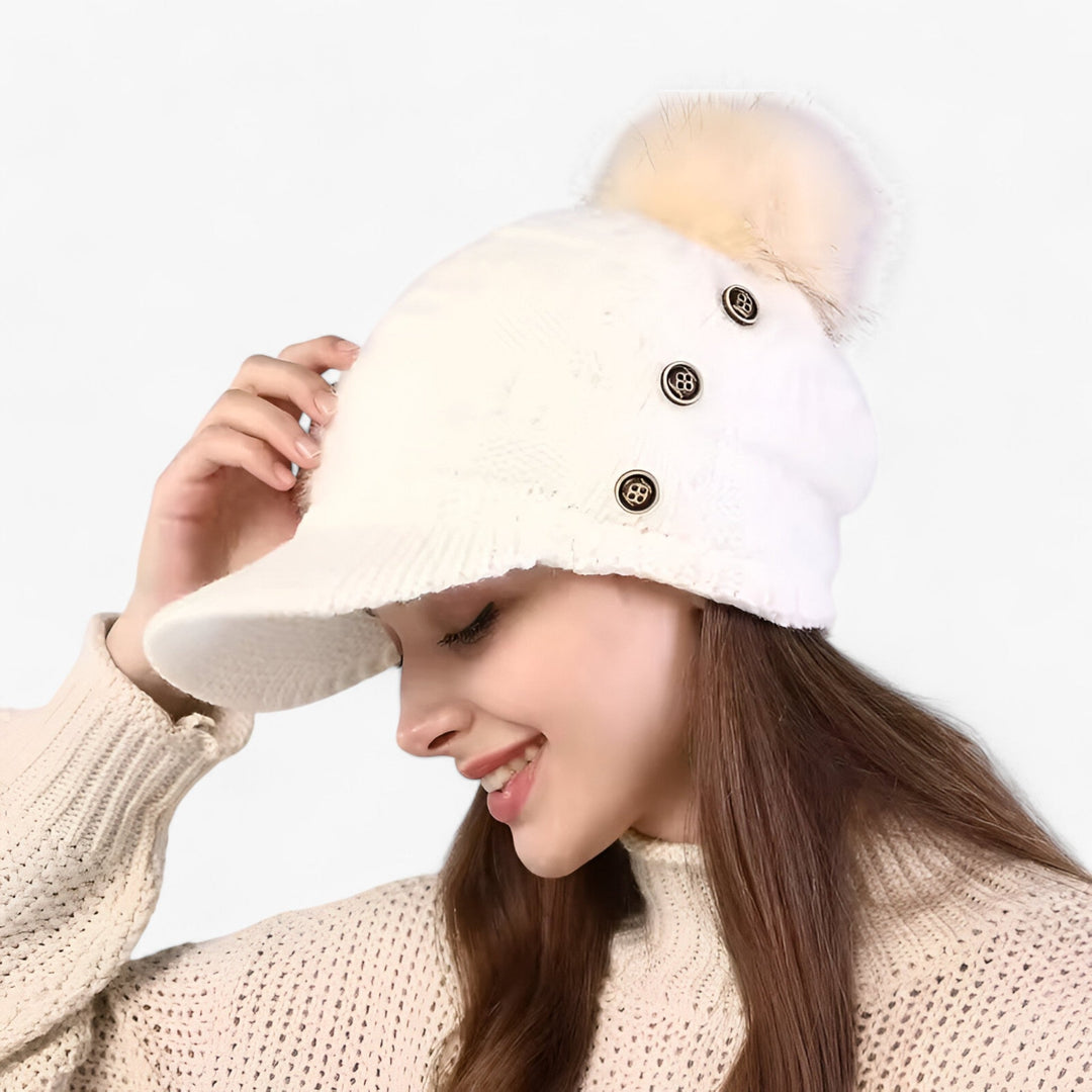 Womens Winter Knit Hat with Visor and Pom Pom