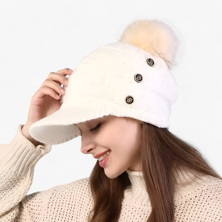 Womens Winter Knit Hat with Visor and Pom Pom