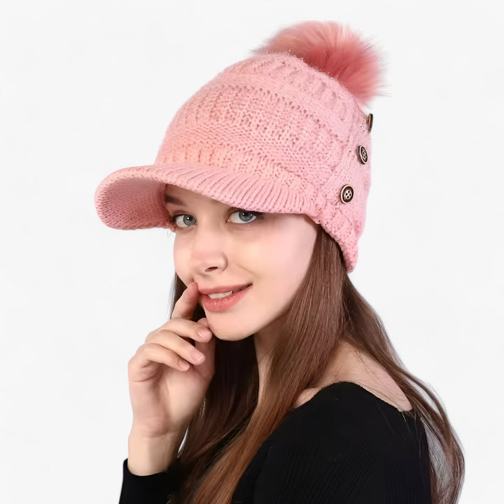 Womens Winter Knit Hat with Visor and Pom Pom