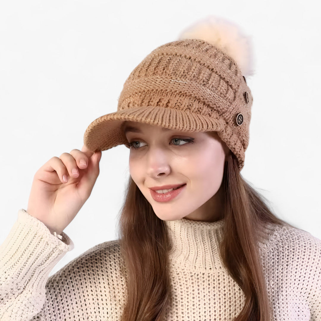 Womens Winter Knit Hat with Visor and Pom Pom
