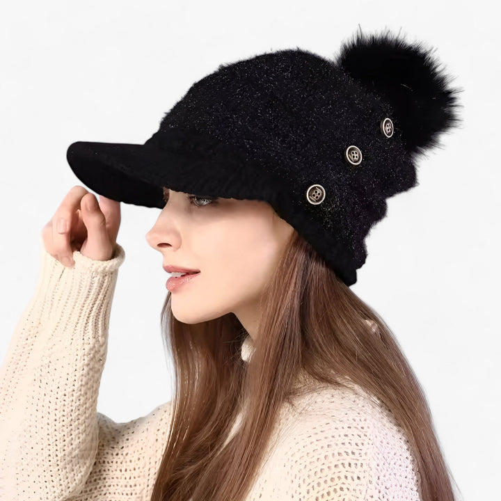 Womens Winter Knit Hat with Visor and Pom Pom