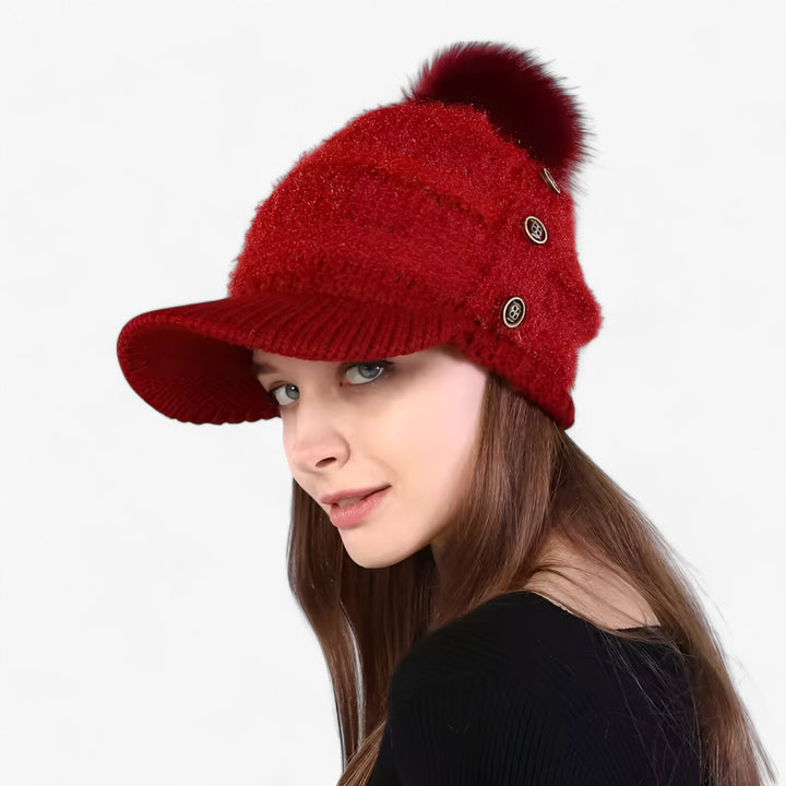 Womens Winter Knit Hat with Visor and Pom Pom