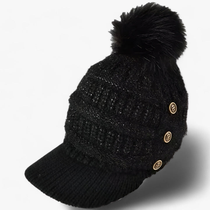Womens Winter Knit Hat with Visor and Pom Pom