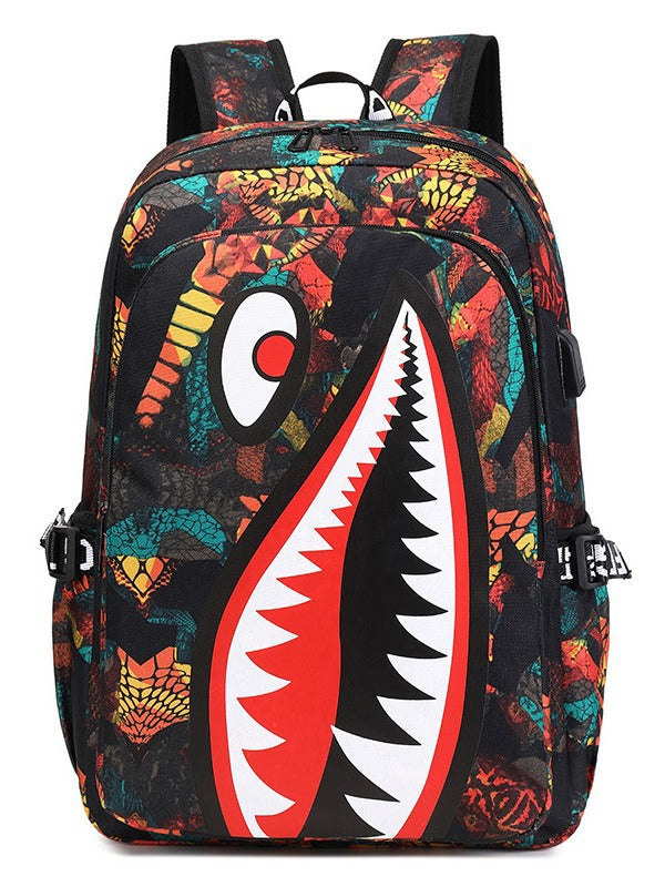 Kids School Backpack USB Interface Shark Print Large Capacity Lightweight