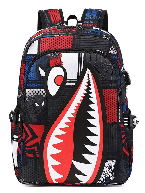 Kids School Backpack USB Interface Shark Print Large Capacity Lightweight