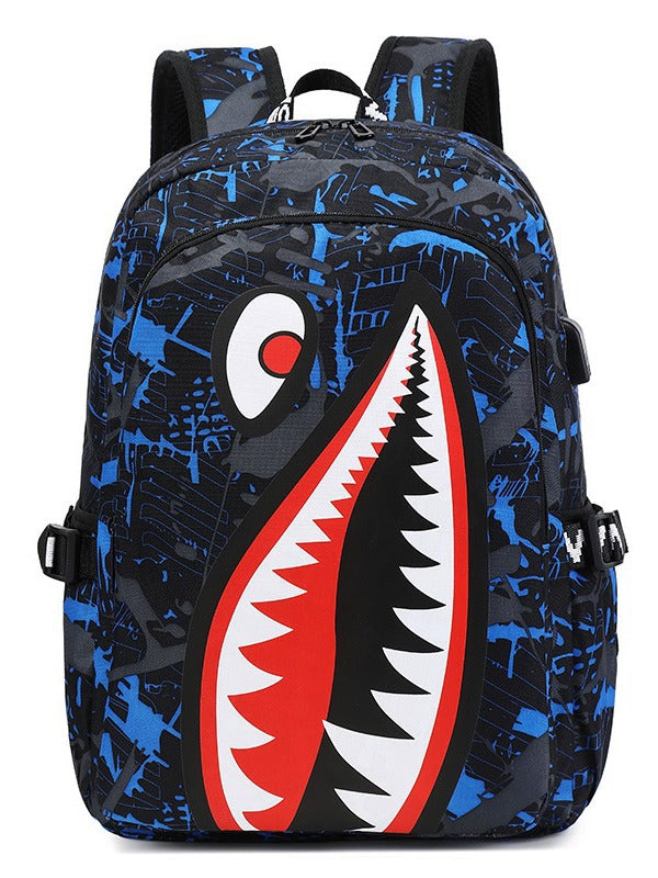 Kids School Backpack USB Interface Shark Print Large Capacity Lightweight