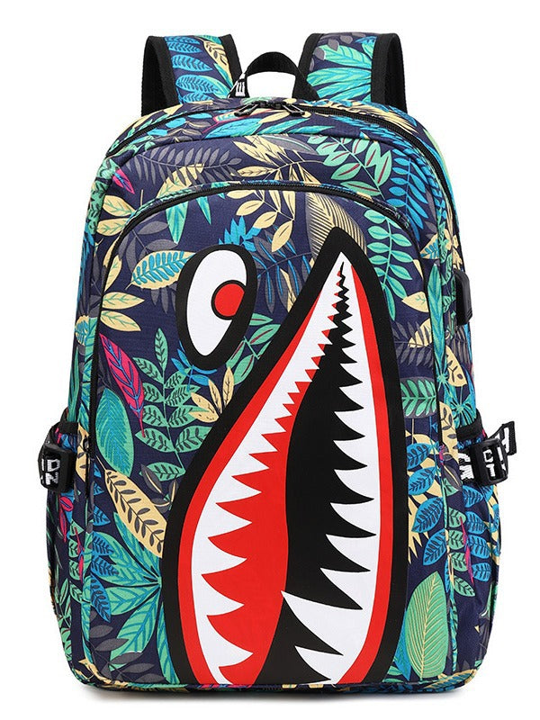Kids School Backpack USB Interface Shark Print Large Capacity Lightweight