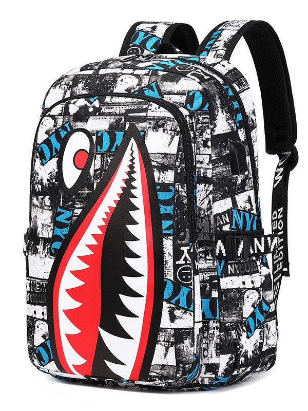 Kids School Backpack USB Interface Shark Print Large Capacity Lightweight