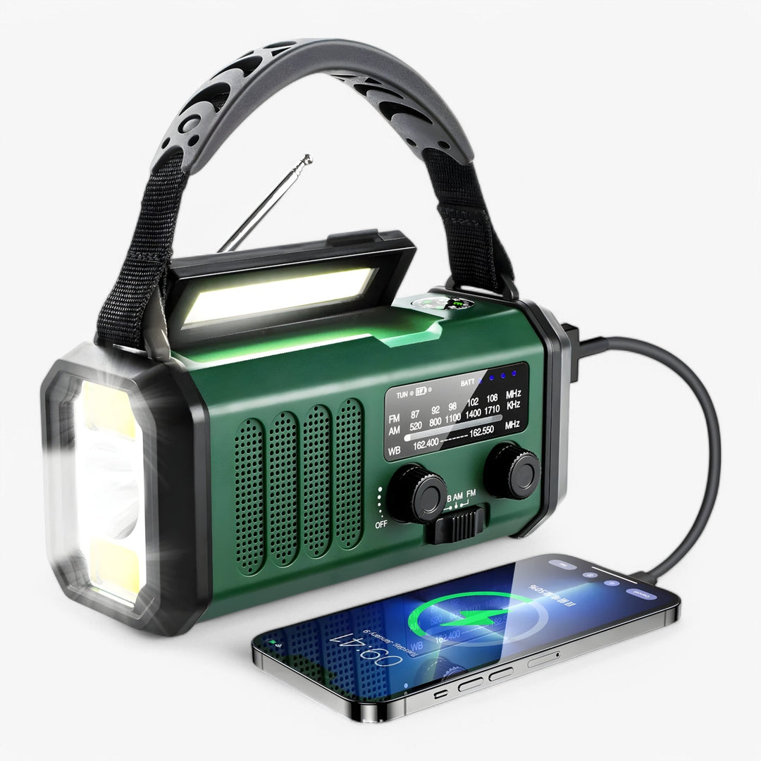 Portable Emergency Hand Crank Radio with Solar Charging and LED Flashlight