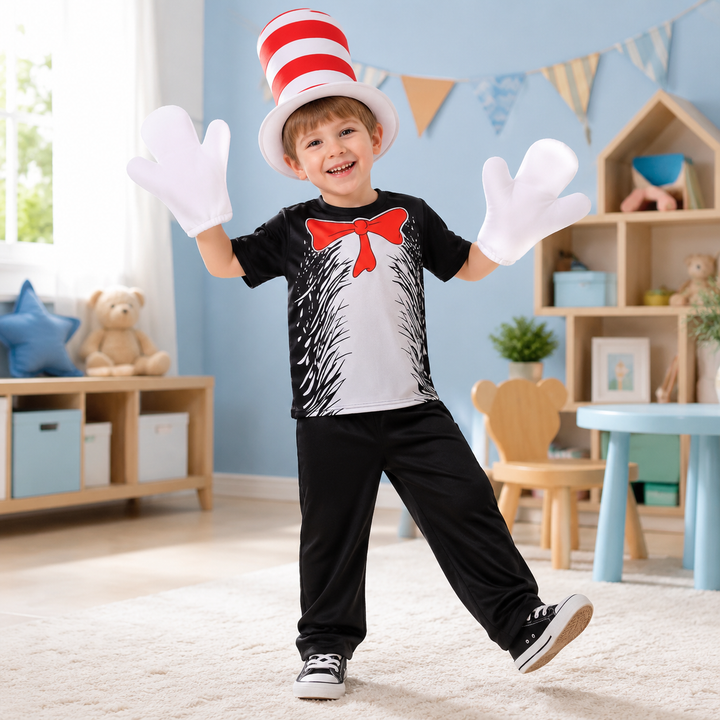 Cat in the Hat Kids Costume with Jumpsuit Dress and Hat
