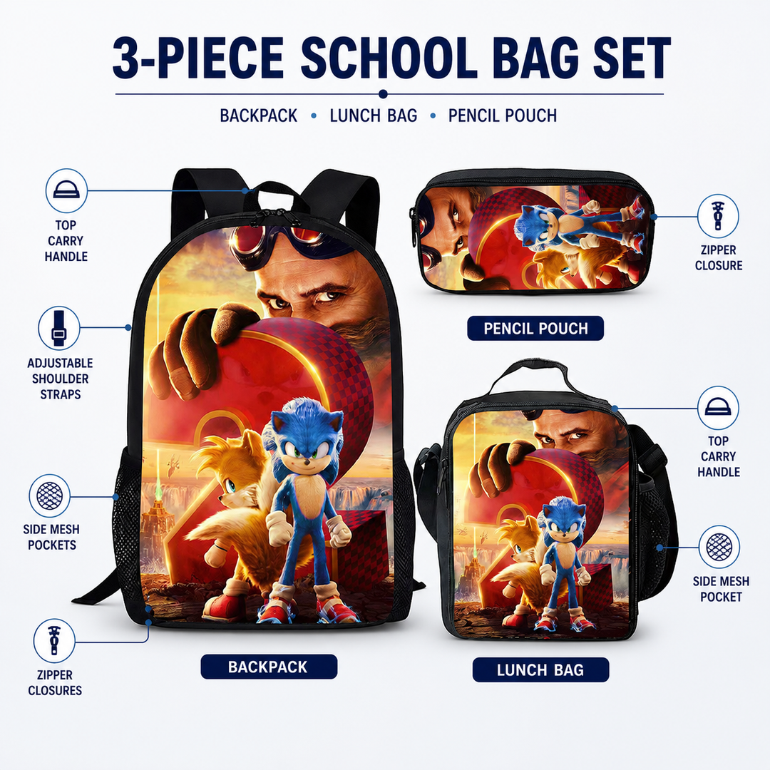 Sonic Boys 3-Piece School Backpack Set with Lunch Bag &amp; Pencil Case