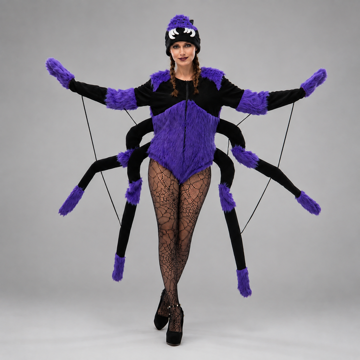 Purple Spider Halloween Costume with 8 Legs and Hat for Women