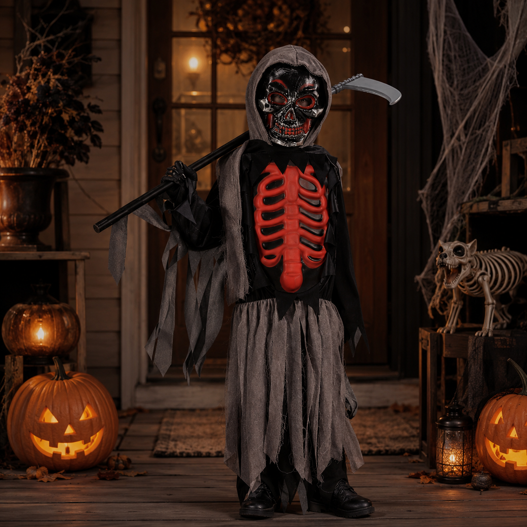 Kids Grim Reaper Skull Cape Costume Halloween Horror Haunted House Performance Cosplay
