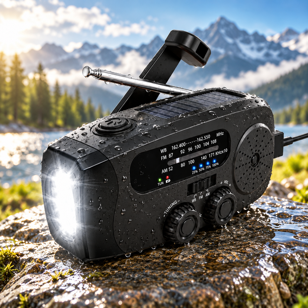 Mini Wind Up Radio NOAA AM FM USB C Solar 2000mAh Flashlight SOS