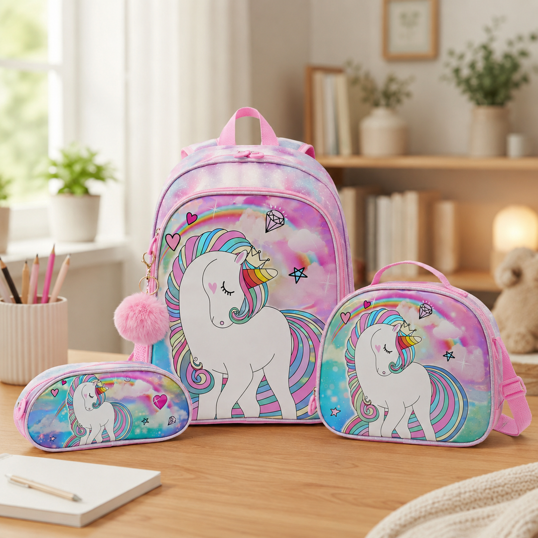 Unicorn Sequin 3-Piece School Backpack Set with Lunch Bag and Pencil Case for Girls